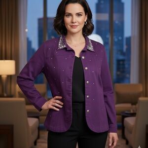 Quacker Factory Simulated Pearl and rhinestone stretch Jacket purple XL NWOT